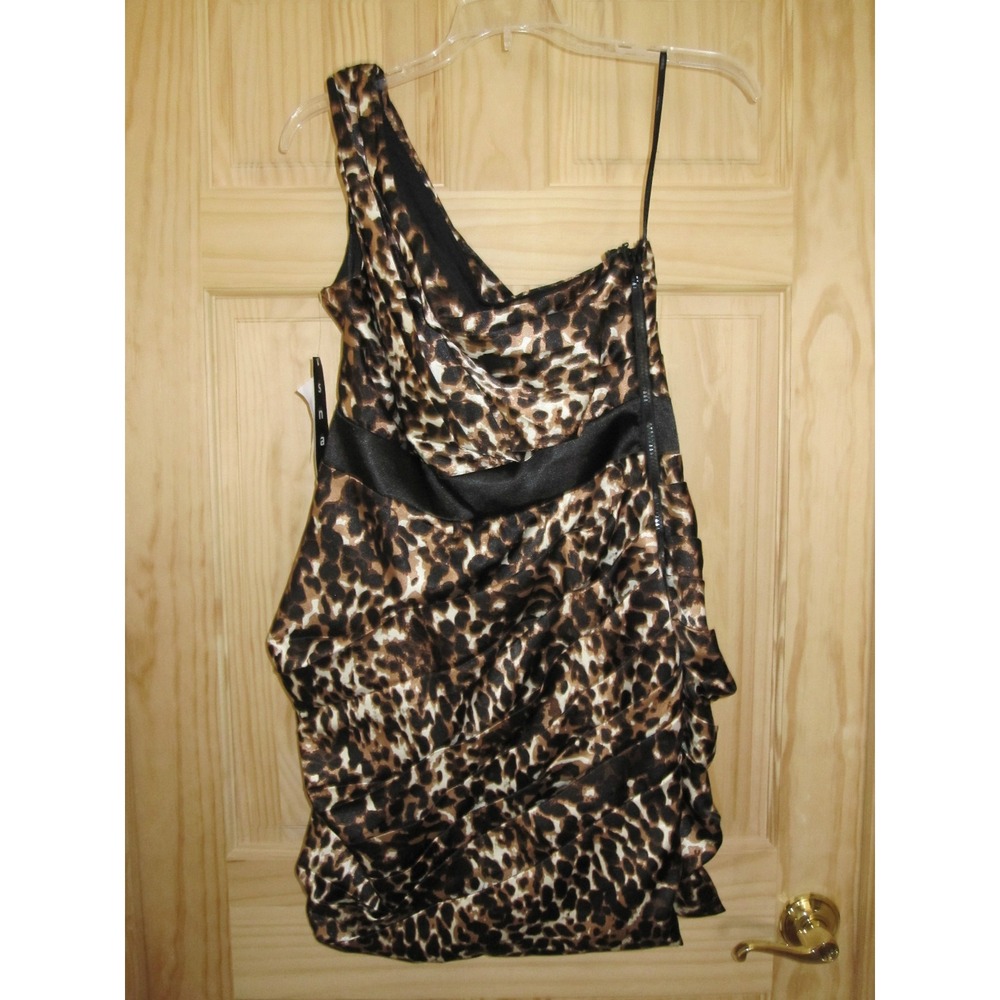 NEW Snap Brown/Black Animal Print One Shoulder Short Dress sz 7 Pleated Stunning